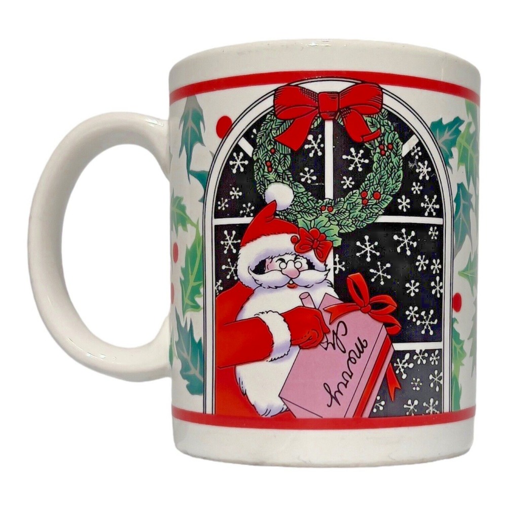 Vintage Christmascore Mug Korea Santa List Holly Wreath Red Green Retro Holiday